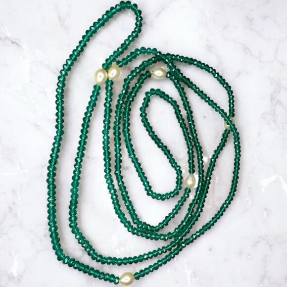 Flapper Length 56” Emerald Green Genuine Faceted Beads Necklace Genuine Pearls - Picture 1 of 4